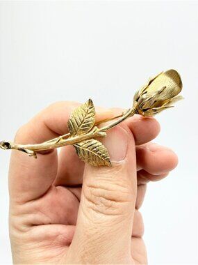 Vintage Gold Tone Rose Brooch Long Stem Floral Pin